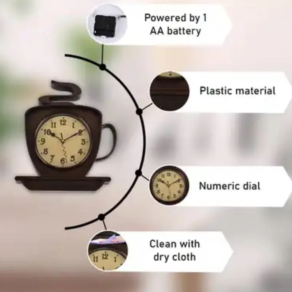 Coffee Cup Cappuccino Clock Battery Operated Wall Clock or Freestanding Brown